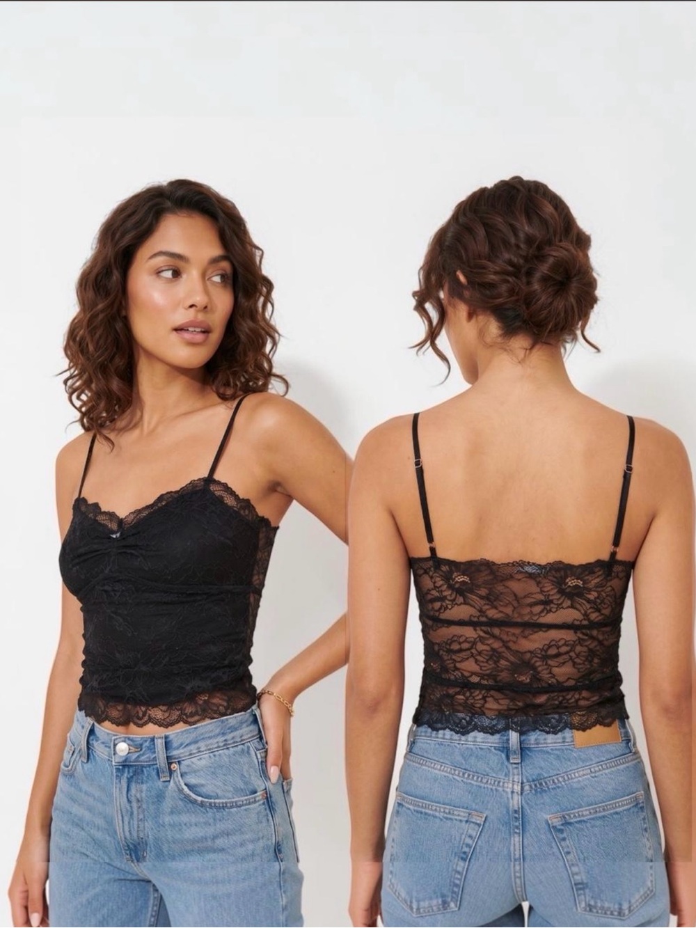NWOT Free People Intimate Black Lace Floral Ruched Cami Essential Top Adjustable